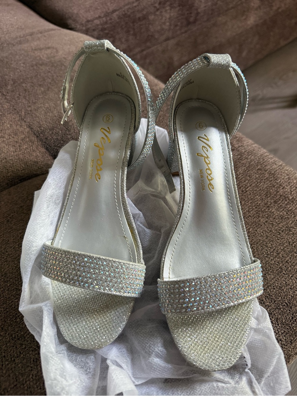 Vepose Sparkling Silver Crystal Ankle-Strap Heels